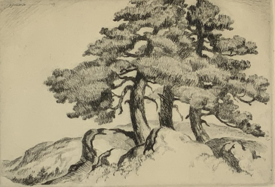 Coy Avon (C.A) Seward, Three Pines, dated 1929, etching, (1 of 8)