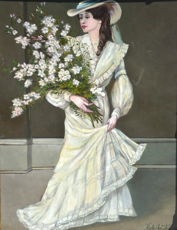 Kristy Augustina, Women (full) Portrait: Kristy Augustina, Women (full) Portrait. . Title: Waiting for the big Event. Medium: Oil on Board. Signature: SLR. Artist: Kristy Augustina. Framed.