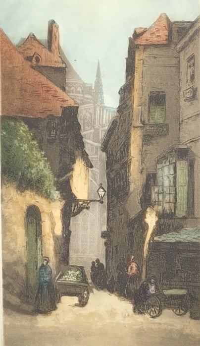 Van Delft, European street scene, colored etching (1 of 7)