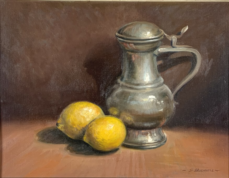 Earl Bushnell, Lemons still life, pewter flask (1 of 6)