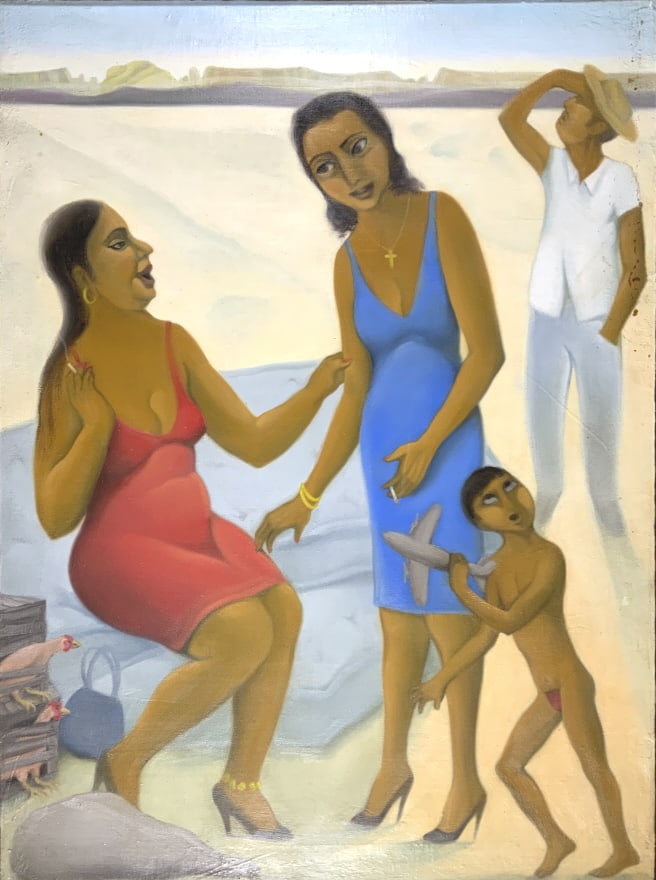 Moskowitz, Waiting for the DC-3: Moskowitz, Waiting for the DC-3. Frame size: 30.50 x 22.50. Title: Waiting for the DC-3. Medium: Oil on Canvas. Size: 29.75 x 22 in. Signature: SUR. Artist: Moskowitz. Framed.