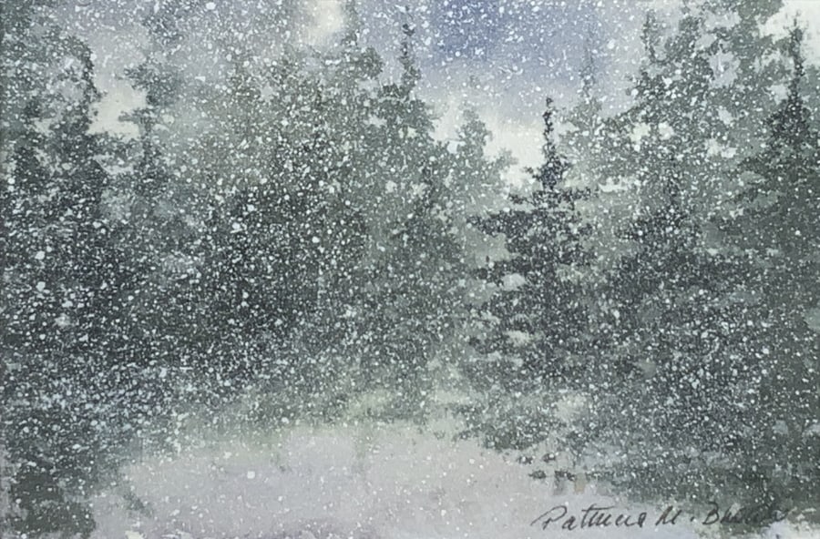Patricia M. Browne, Snowing in the Pine Forest: Patricia M. Browne, Snowing in the Pine Forest. Snow falling in the quiet pine forest, Frame size: 10 x 12. Title: Snowing in the Pine Forest. Medium: watercolor and gouache. Size: 3.75 x 5.50 in. Sig