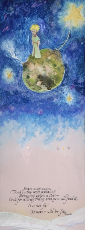 The Little Prince, With Teasdale poem at bottom: The Little Prince, With Teasdale poem at bottom. Frame size: 22.50 x 13. Title: Stars over the Snow, Teasdale. Medium: Pencil. Size: 15.25 x 6 sight in. Artist: Unknown. Framed.