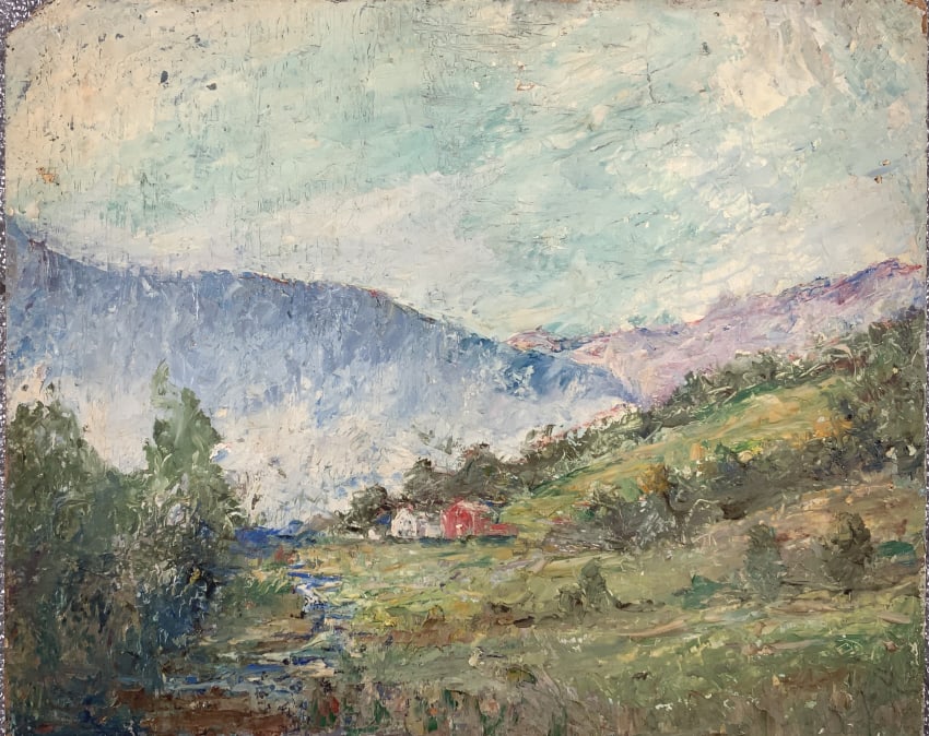 Anne Roger Minor,Attib. Landscape with farm houses: Anne Roger Minor,Attib. Landscape with farm houses. . Title: Farm landscape with buildings. Medium: Oil on Board. Size: 14 x 17 in. Signature: Unsigned. Artist: Anne Roger Minor, Attibuted. Unframed.