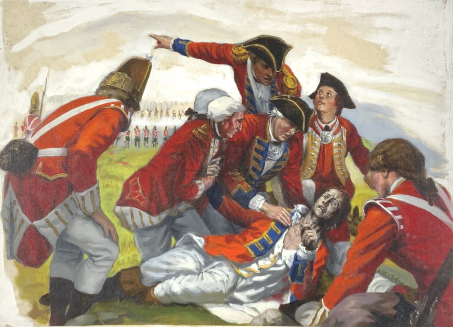 Alton S. Tobey, Death of General Wolfe, Battle: Vol. 2, P. 158-159. Golden book. The French Broke and ran before the British troops, but the brilliant Wolfe was killed at the moment of his greatest victory. Board Size: 18 x 24 Alton S. Tobey. Board