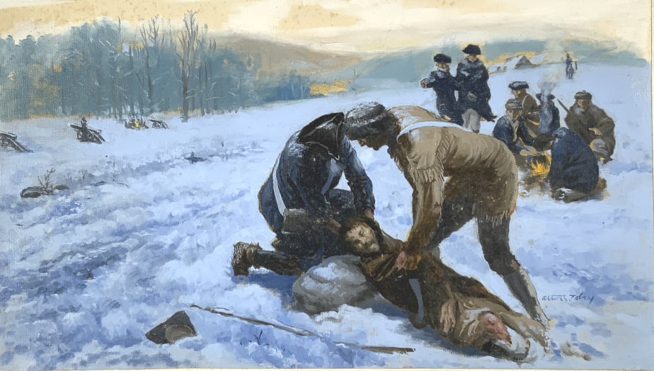 Alton S. Tobey, Ordeal at Valley Forge winter: Vol. 3, P 236-237. The Army survives a brutal winter and in spring drills under General von Steuben. During the harsh winter at Valley Forge, the American army was badly clothed and almost always hung