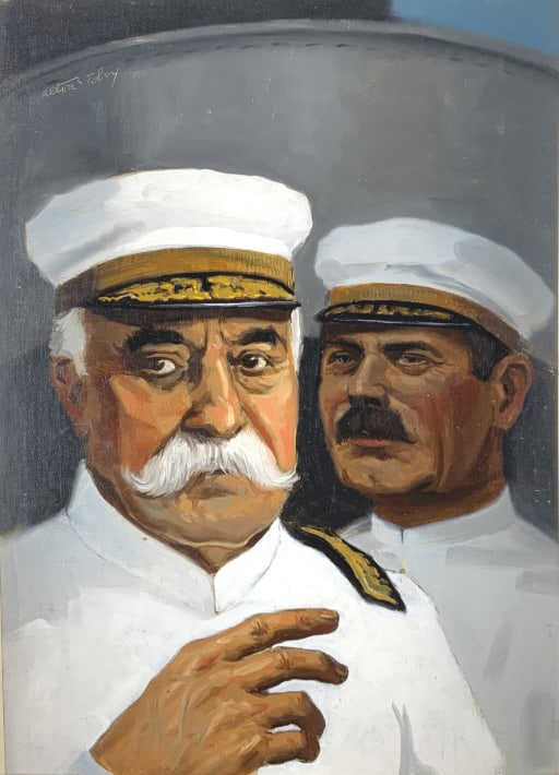 Alton S. Tobey, Commodore George Dewey, Manilia: Vol. 7, P.567. Golden book, Victory in Manila Bay. Commodore George Dewey sails his fleet into a Spanish-held harbor in the Philippines and takes it. Size full board: 18.25 x 13.75 Alton S. Tobey, Gol