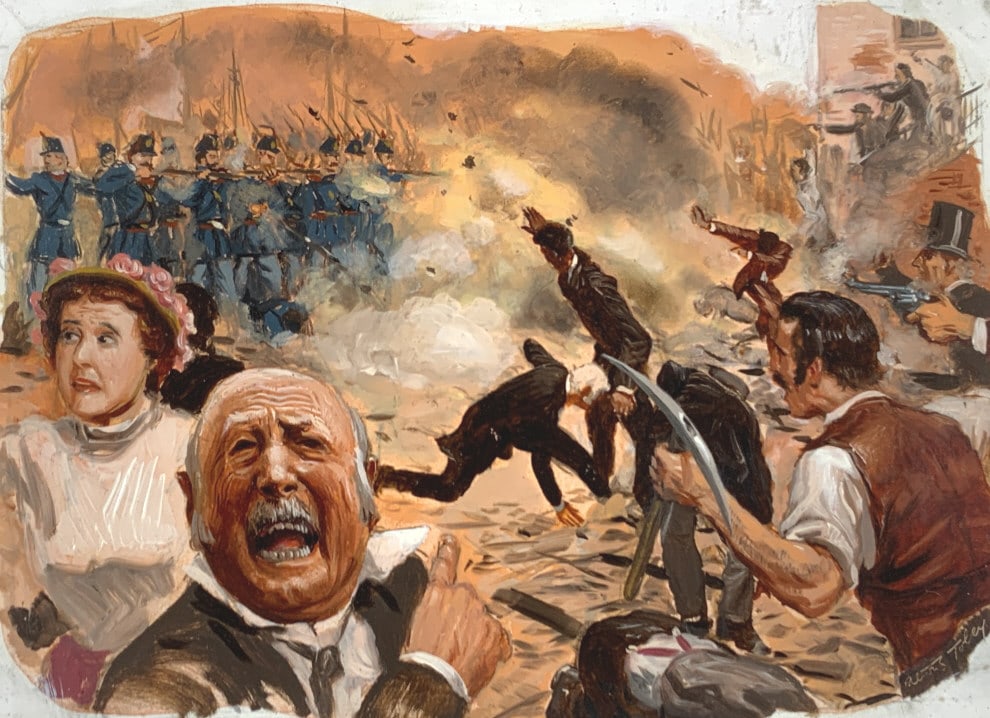 Alton S. Tobey, Southerns attack Federal troops: Vol. 5, P.. 392-393. Golden book United States history. Sixteen persons were killed in Baltimore when Southerns attacked Federal troops.Full size masonite: 9.50 x 11.50 Alton S. Tobey, Golden Books, V