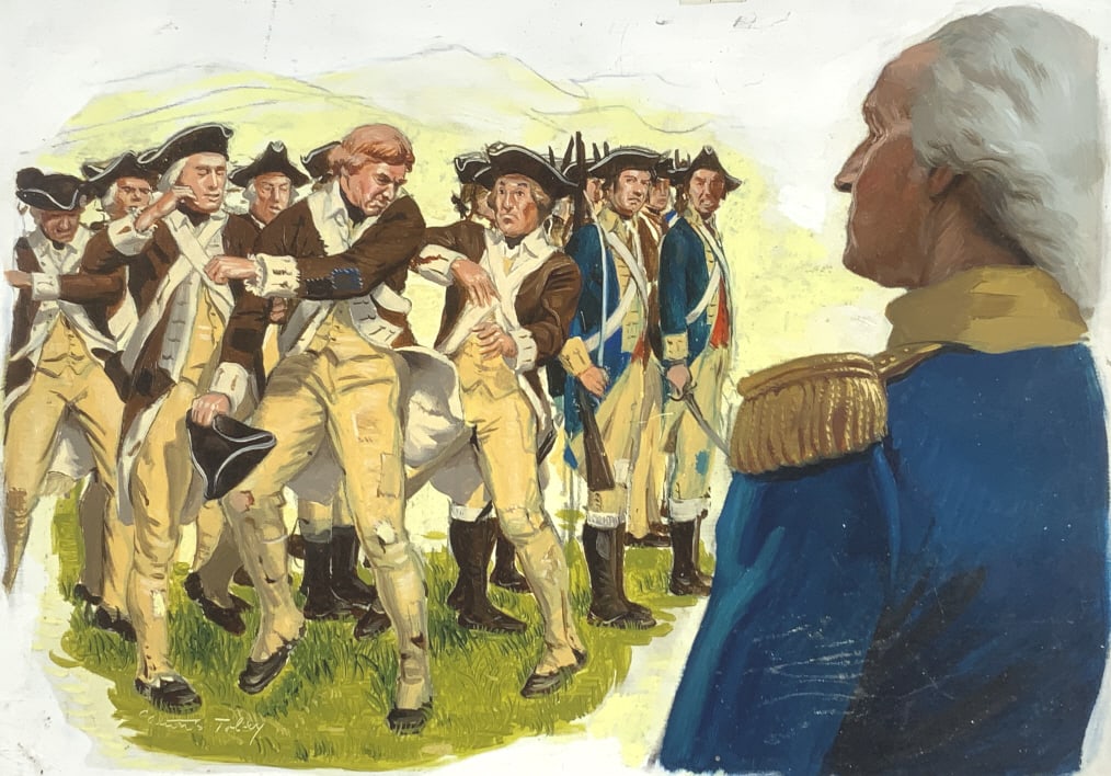 Alton S. Tobey, Washington horrified disorderly troops: Vol. 3, P. 210. The undisciplined and often disorderly New England soldiers horrified WashingtonSize full Masonite: 10.75 x 13.25 Alton S. Tobey, Golden Books, Vol. X, P. 210 !. Size full Masonite: 10