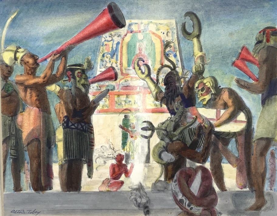 Alton S. Tobey, Watercolor, Incas ceremony: Alton S. Tobey, Watercolor, Incas ceremony. Full size board, 15 x 17.50. Title: Incas Ceremony. Medium: Watercolor. Size: 8 x 10.25 in. Signature: SLL. Artist: Alton S. Tobey. Unframed.