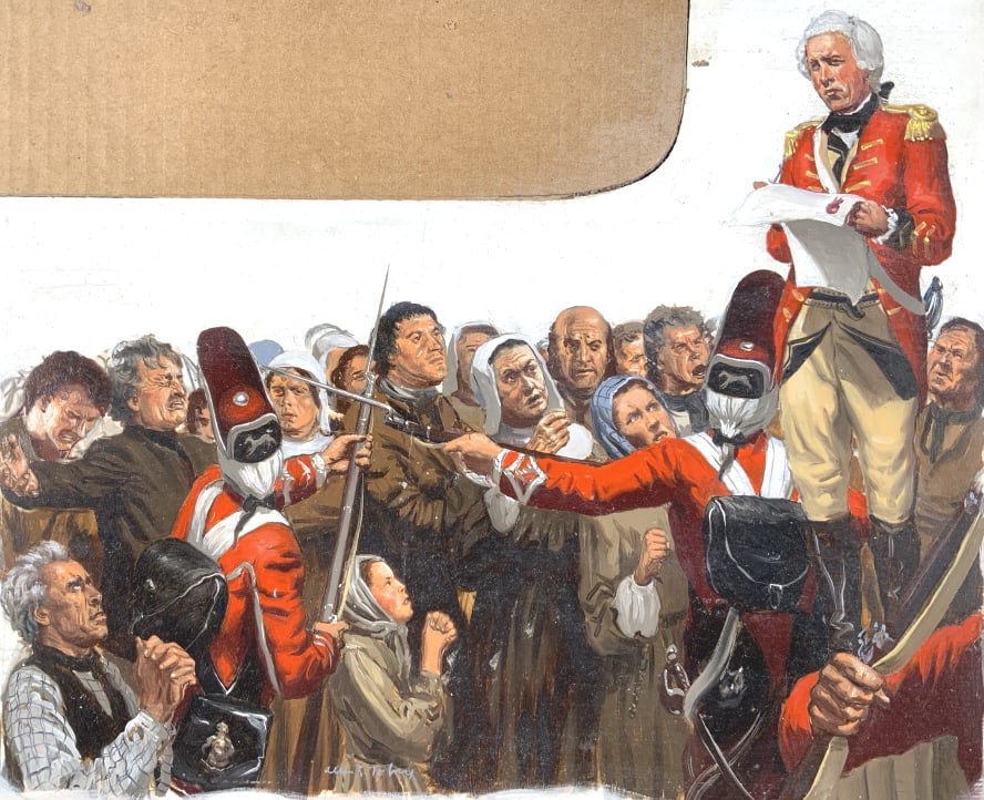 Alton S. Tobey, British declare Acadians Rebels: Alton S. Tobey, Golden Bokks, Vol. 2, P. 146-147 !. U. S. History, full masonite: 18nx 24.25. Title: X. Medium: Oil on Panel. Size: 12 x 15 in. Signature: SLL. Artist: Alton S. Tobey. Unframed.