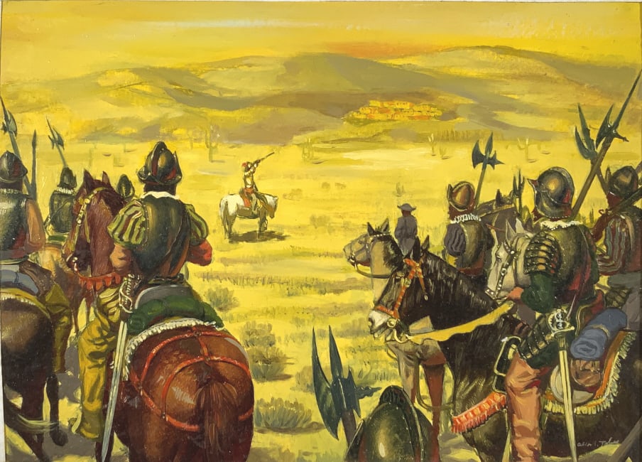 Alton S. Tobey, Coronado seeks the city of gold: Alton S. Tobey, Golden Books, Vol. 1, P.26-27 !. As the rays of sun struck the distant Pueblo, Coronado thought he had found the city of gold. Total board size: 8.75 x 12. Title: Hernandez De Soto Fac