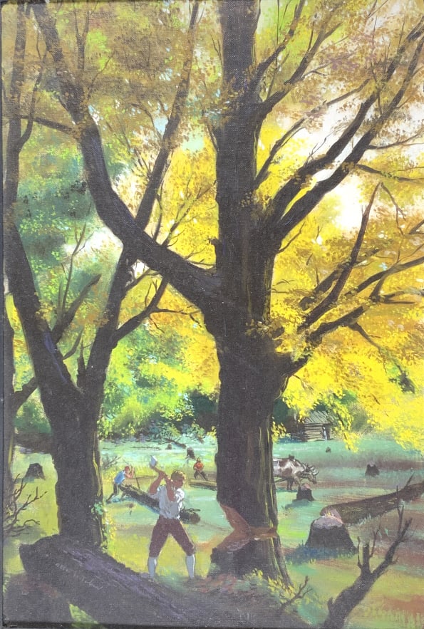 Alton S. Tobey, Virginian Settlers Clear land 1678: Alton S. Tobey. Vol. 2, P. 103. Frame size: 31.75 x 16.25. Title: Virginian Settlers Clear land 1678. Medium: Oil on Board. Size: 11.50 x 17 in. Signature: SLL. Artist: Alton S. Tobey. Framed.