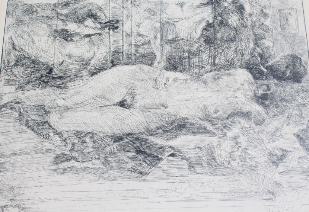 Doris bloom, Reclining Nude model: Doris bloom, Reclining Nude model. Signed, dated 81 and numbered 4/25 in pencil by artist. FR: 19.75 x 22.25. Title: Dream II. Medium: Lithograph. Size: 9.5 x 12.5 (sight) in. Signature: Illegible. Ar