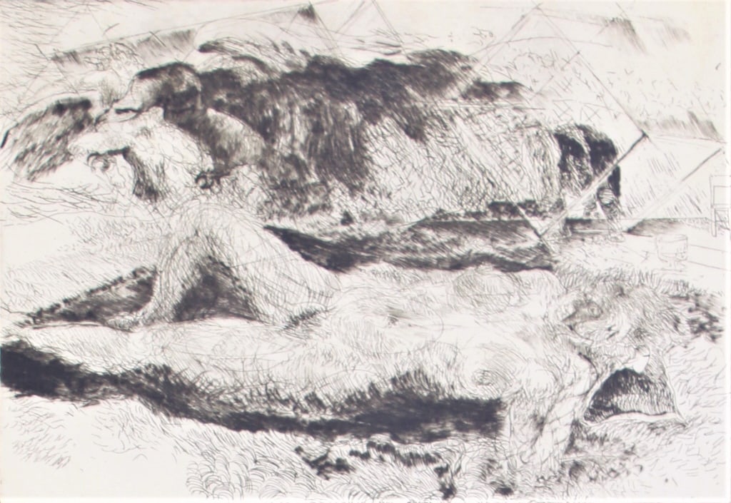 Doris Bloom, Reclining Nude model: Doris Bloom, Reclining Nude model. Signed, number 2/25 and dated 81 in pencil by artist. FR: 19.75 x 22.5. Title: Relaxing. Medium: Etching. Size: 7.5 x 10.25 in. Signature: Illegible. Artist: Doris B
