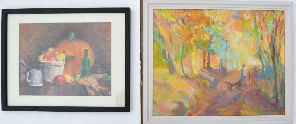 Pair of Paintings: Pair of Paintings. 1) Watercolor by Marcy Goss 1) Oil on canvas by Jane Dickinson. Title: Stillife. Medium: Watercolor. Size: 10.5 x 14 (sight) (W in. Signature: SLR. Artist: Marcy Goss. Framed.