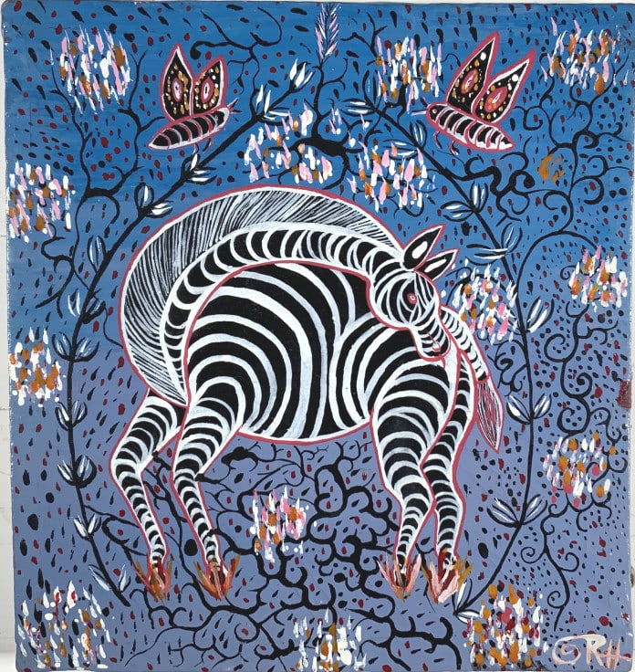 2 artworks, Funky Feathers, Zebra in blue, i: 2 artworks, Funky Feathers, Zebra in blue, i. R.H.intials, colorful. Title: Funky Feathers, Zebra in Blue. Medium: Acrylic on canvas. Size: 14.50 x 16.50 , 12.50 x 12.75 in. Signature: Initials/Monogr
