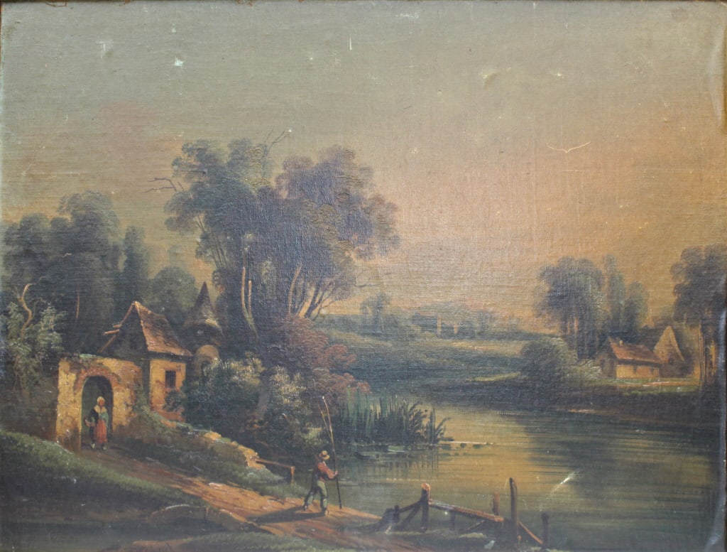 Going fishing: Going fishing. FR 23.5 x 29.5. Title: Going fishing. Medium: Oil on Canvas on board. Size: 18.5 x 24.5 (sight) in. Signature: Unsigned. Framed.
