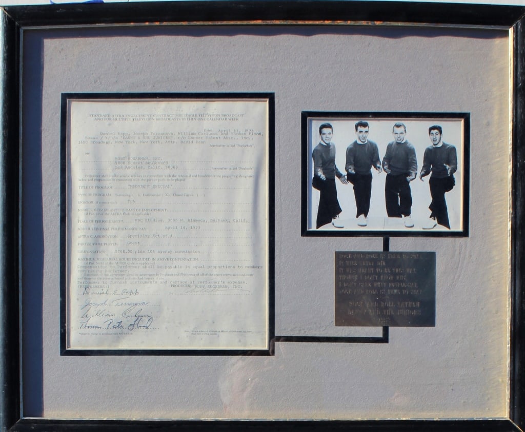 Danny and the Juniors band, signed Radio contract: Danny and the Juniors band, signed Radio contract. Danny & the Juniors are an American doo-wop and rock and roll vocal group from Philadelphia, Pennsylvania originally consisting of Danny Rapp, Dave W