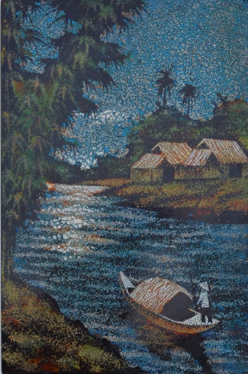 Asian, micro mosaic: Asian, micro mosaic. . Title: Down the river. Medium: mixed media. Size: 11.75 x 8 in. Signature: Unsigned. Unframed.