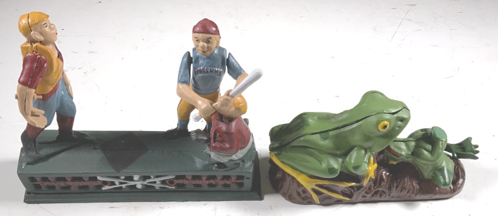 2 cast iron mechanical banks, Baseball, frogs (1 of 4)