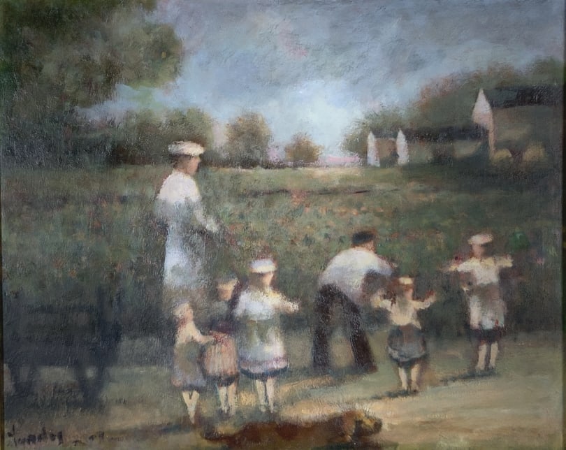 Donald Roy Purdy, Sunday on the Farm: Donald Roy Purdy, Sunday on the Farm. Frame size: 22 x 26. Title: Sunday on the Farm. Medium: Oil on Board. Size: 16 x 20 in. Signature: SLL. Artist: Donald Purdy. Framed.