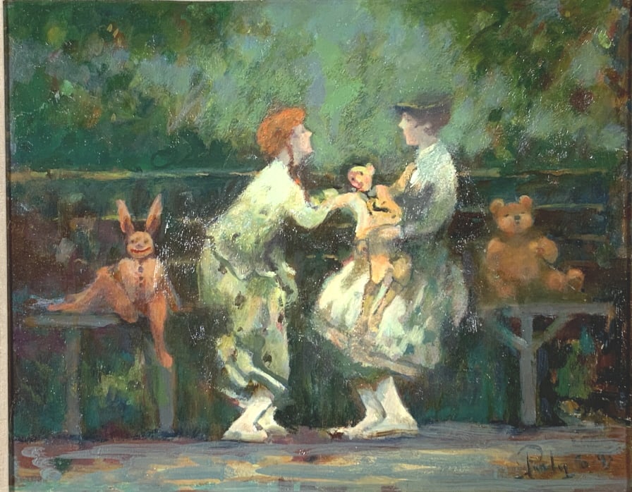 Donald Roy Purdy, Playtime: Donald Roy Purdy, Playtime. Frame size: 22.25 x 26.25. Title: Playtime. Medium: Oil on Board. Size: 16 x 20 in. Signature: SLR. Artist: Donald Purdy. Framed.