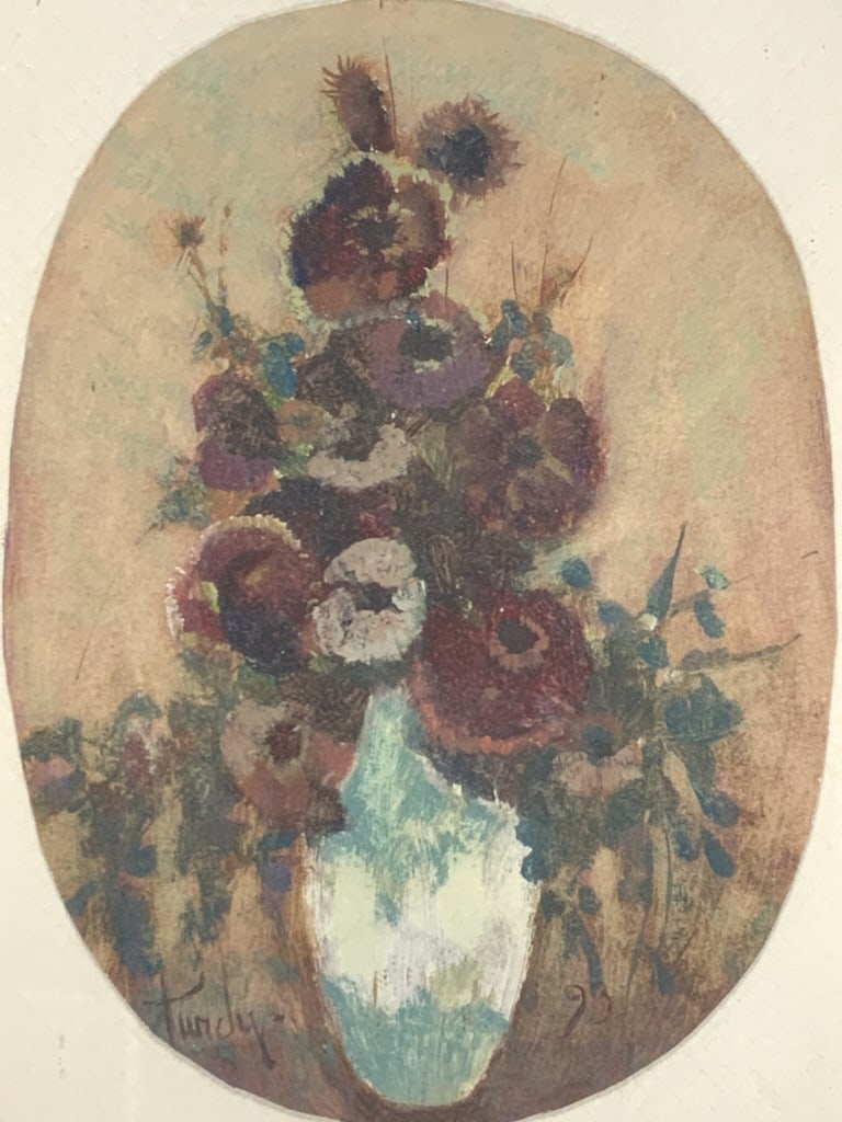 Donald Roy Purdy, Floral still life: Donald Roy Purdy, Floral still life. Frame size: 22.50 x 18.25. Title: Floral still life in Tan. Medium: Oil on Board. Size: 16 x 12 in. Signature: SLL. Artist: Donald Purdy. Framed.