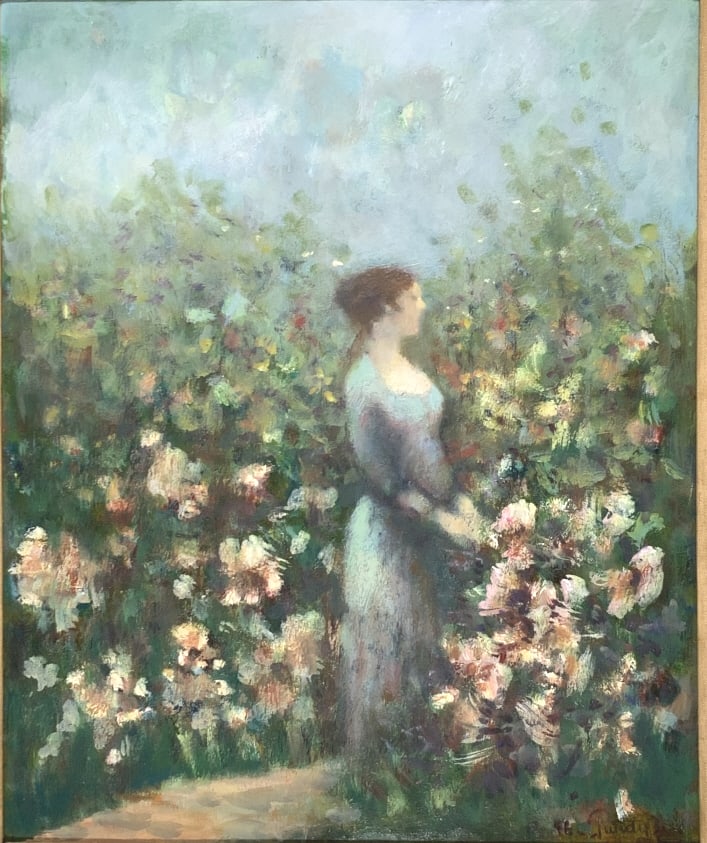 Donald Roy Purdy, Garden Maiden: Donald Roy Purdy, Garden Maiden. Frame size: 25 x 21.75. Title: Garden Maiden. Medium: Oil on Masonite. Size: 18.75 x 15.50 in. Signature: SLR. Artist: Donald Purdy. Framed.
