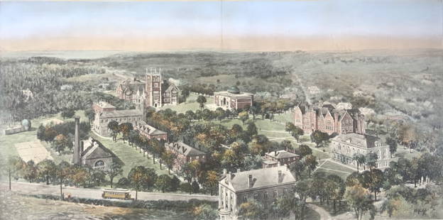 H. D. Nichols, Bowdoin College, View of campus: H. D. Nichols, Bowdoin College, View of campus. Copyright 1908 By W. T. Litigation & ?Co. New York, Frame size:. Title: Bowdoin college. Medium: Lithograph. Size: 13.50 x 27.25 sight in.