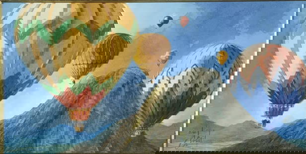 S. W. Decil, Hot- air Balloons adventures: S. W. Decil, Hot- air Balloons adventures. Frame size: 17 x 27. Title: Hot-air balloons riding high. Medium: Watercolor. Size: 10 x 20 in. Signature: SLR. Artist: S. W. Decil. Framed.