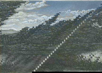 J. Boward, Forest and river scene smell etching: J. Boward, Forest and river scene smell etching. 38200 edition, Frame size: 15 x 17.75. Title: Summer Reflections. Medium: Etching. Size: 5 x 7 in. Signature: SLR. Artist: J. Bownar. Framed.