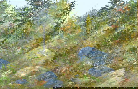Bickford, Forest scene with boulders: Bickford, Forest scene with boulders. Frame size:26 x 38. Title: Forest landscape. Medium: Oil on Canvas. Size: 24 x 36 in. Signature: SLR. Artist: Bickford. Framed.