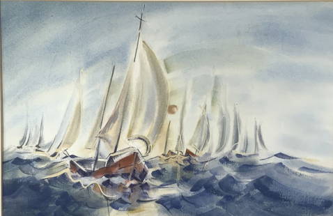 M. J. Rines, Racing Sail boats, watercolor: M. J. Rines, Racing Sail boats, watercolor. Racing sail boats, Frame size: 19 x 25.25. Title: Sail Shapes. Medium: Watercolor. Size: 12 x 19 in. Signature: Signed on verso. Artist: M. J. Rines. 