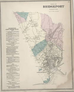 Town of Bridgeport, Fairfield Co. Conn: Town of Bridgeport, Fairfield Co. Conn. Frame size: 21,75 x 18.50. Title: Bridgeport. Medium: Lithograph. Size: 16.50 x 13.50 in. Framed.