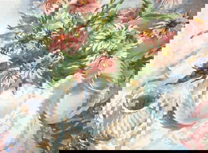 Elide Davis Pieropan, Floral still life: Elide Davis Pieropan, Floral still life. Frame size: 28.50 x 36. Title: Morning tea. Medium: Watercolor. Size: 20 x 27.75 sight in. Signature: SLR. Artist: Elise Davis Pieropan. Framed.