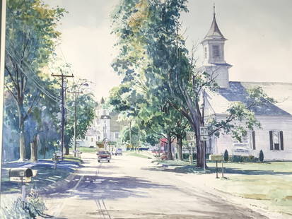 John Gnatek, Feeding Hills Agawam, dated 2000: John Gnatek, Feeding Hills Agawam, dated 2000. Two Churches, south 187, Route 57 Frame size: 29.50 x 37.75, plaque: Feeding Hills Agawam, By John Gnatek, Bio on verso:. Title: August Morning New