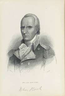 General Stark, General Stark Society: General Stark, General Stark Society. Frame size: 21.50 x 122. Title: Maj. Gen. John Stark. Medium: Lithograph. Size: 19 x 9.75 sight in. Signature: In plate. Artist: A. Ritchie Forest. Framed.