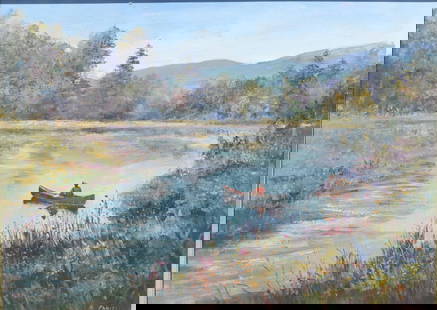Fanizzu, On the river: Fanizzu, On the river. Frame size: 28 x 34. Title: Canoeing on the lake. Medium: Oil on Canvas. Size: 22 x30 in. Signature: SLR. Artist: F Anizzi. Framed.