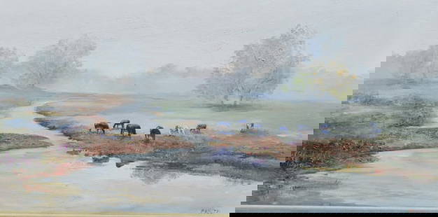 Fanizzi, Cows grazing in field, xxm: Fanizzi, Cows grazing in field, xxm. Title: Landscape with cows. Medium: Oil on Canvas. Size: 15 x 30 in. Signature: SLR. Artist: Fanzzi. Framed.