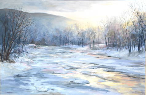 Fanizzi, Winter ice flow in the river: Fanizzi, Winter ice flow in the river. Frame size:30 x 42. Title: Winter river landscape. Medium: Oil on Canvas. Size: 24 x36 in. Signature: SLR. Artist: Fanizzi. Framed.