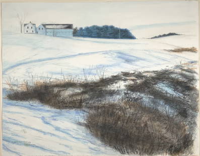 Chris Nielsen, Winter Farm, pastel: Chris Nielsen, Winter Farm, pastel. Frame size: 27.25 x 30.75. Title: Winter farm in Pawnal. Medium: Pastel. Size: 18 x 23.25 in. Signature: SLL. Artist: Chris Neilson. Framed.