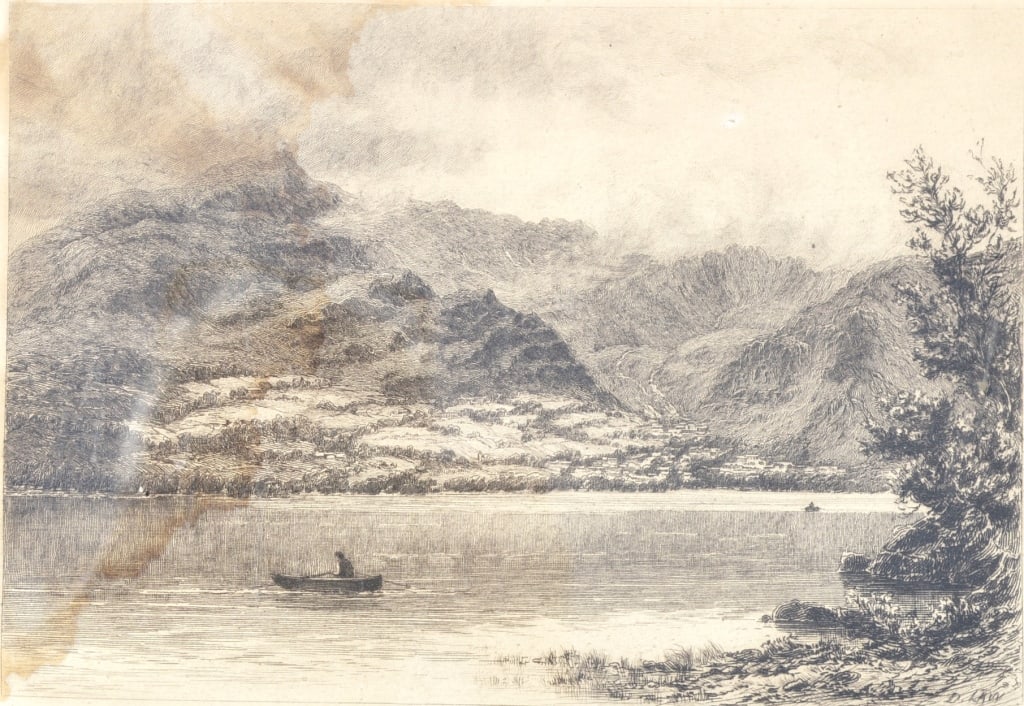 David Law. (Scottish). Coniston (Gallery Label): David Law. (Scottish). Coniston (Gallery Label). David Law. (Scottish, 1831-1901). Coniston. Hand pulled copper plate etching on laid paper. 1881. Signed in the plate lower right.. Gallery label on ba