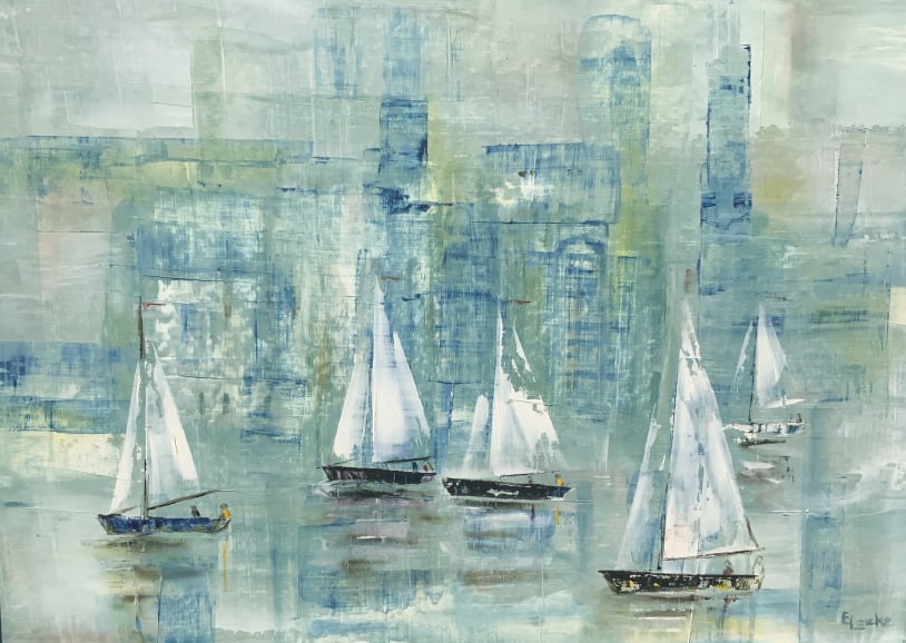 E. Locke, Sail boats, Racing, regatta: E. Locke, Sail boats, Racing, regatta. Frame size:. Title: Sailboats. Medium: Oil on Board. Size: 17 x 23.50 in. Signature: SLR. Artist: E. Locke. Framed.