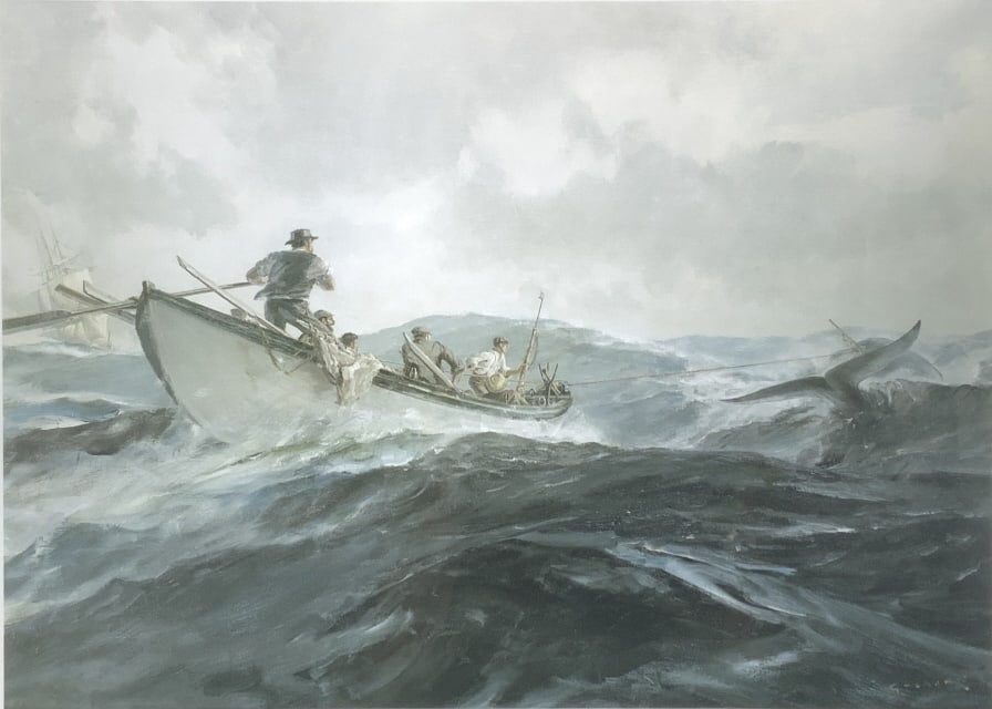 John Stobart, Whaling, Nantucket: John Stobart, Whaling, Nantucket. 200/750 edition, 26.25 x 31.25. Title: Nantucket Sleigh Ride. Medium: Lithograph. Size: 15 x 21.25 sight in. Signature: SLR. Artist: John Stobart. Framed.