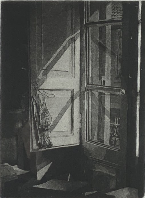 Illegible signed etching, October 1975,, Window (1 of 6)