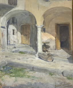 Remo Taccani: Remo Taccani. Writing on verso, 1927 22.50 x 18.50. Title: Archways and doors. Medium: Canvas board. Size: 19.50 x 13.50 sight in. Signature: SLR. Artist: Remo Taccani. Framed.