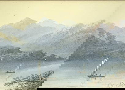 Sail boats on Lake, European: Sail boats on Lake, European. Frame size: 14 x 16.50. Title: Lake sailing. Medium: Watercolor. Size: 6.25 x 9 sight in. Signature: Unsigned. Framed.