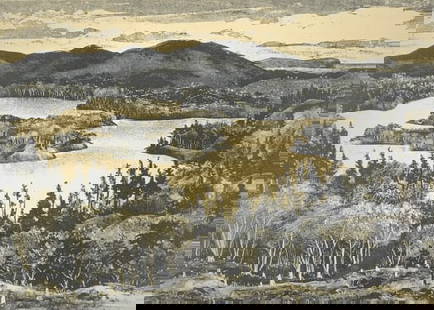 Adolf Dehn, North Country lake, Lithograph: Adolf Dehn, North Country lake, Lithograph. Label on verso: Associated American Artists, 711 Fifth Ave, New York, N. Y. Frame size: 17 x 21. Title: North Country Lake. Medium: Lithograph. Size: