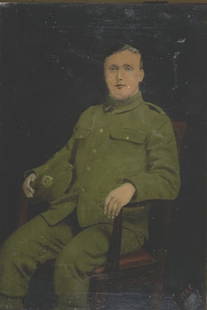 H. A. E. Intials,Soldier portrait, WWI, sitting: H. A. E. Intials,Soldier portrait, WWI, sitting. Date 1918 if appears, last two numbers hard to see.. Title: Soldier portrait. Medium: Oil on Canvas. Size: 16 x 11 in. Signature: Initials/Monogram.